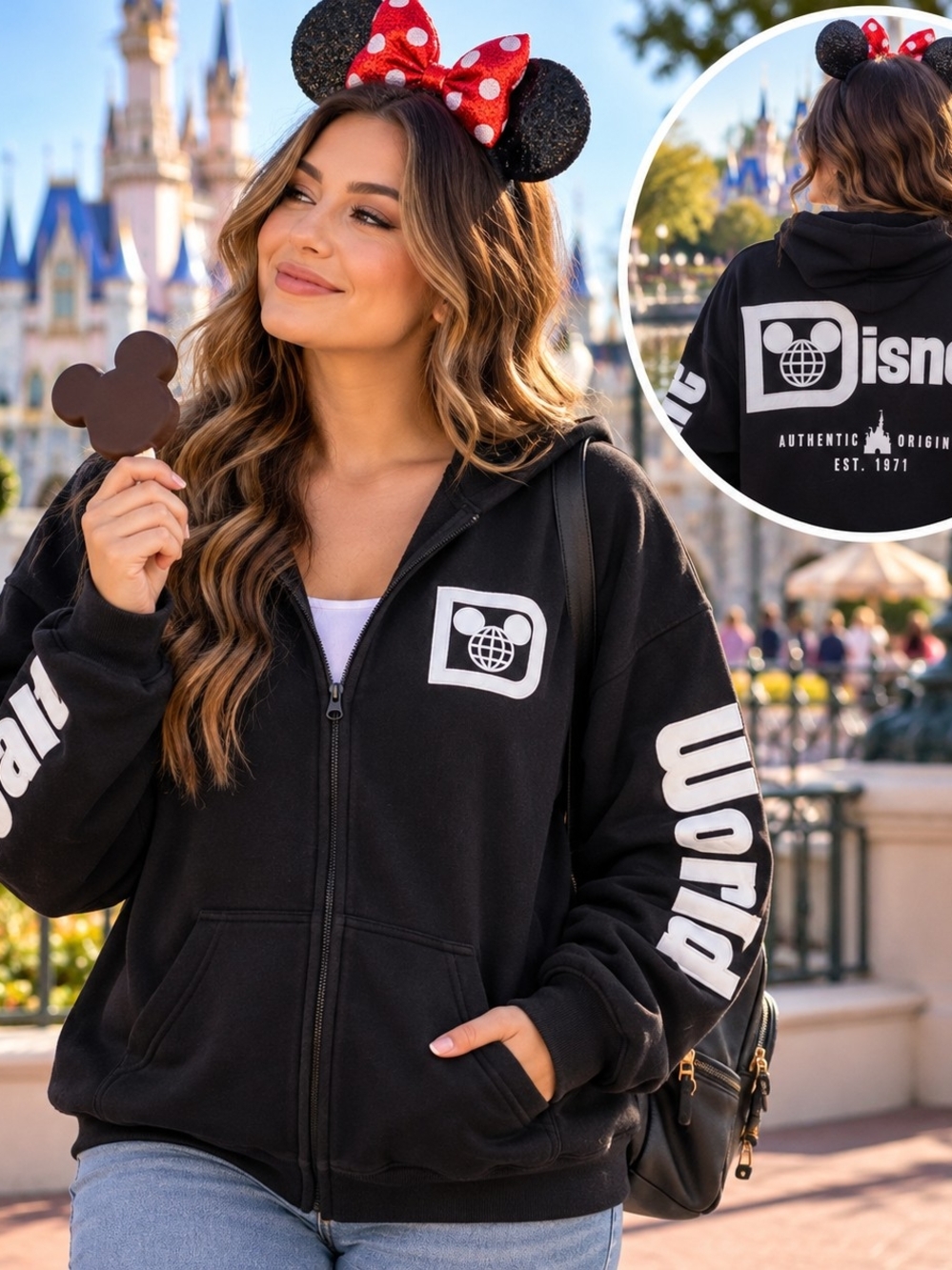 Disney World Zip Up Hoodie Unisex Medium Black Embroidered Logo Full Zip